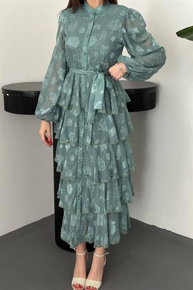 Toptan Mint Kat Kat Volanlı Elbise