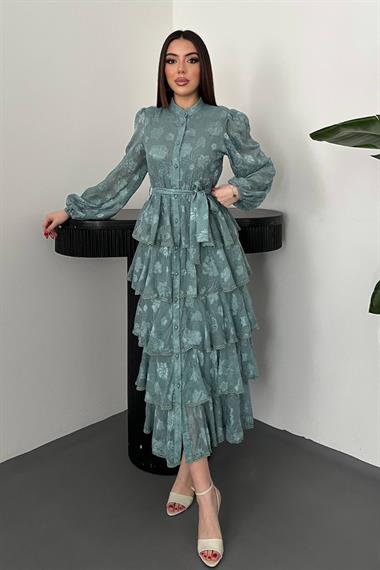 Toptan Mint Kat Kat Volanlı Elbise