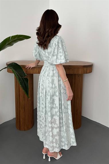 Toptan Mint Kemerli Balon Kollu Elbise