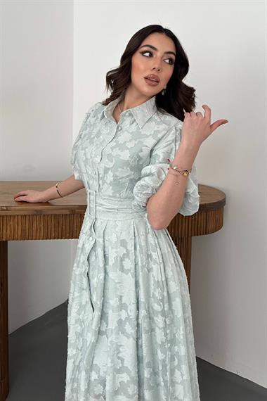 Toptan Mint Kemerli Balon Kollu Elbise