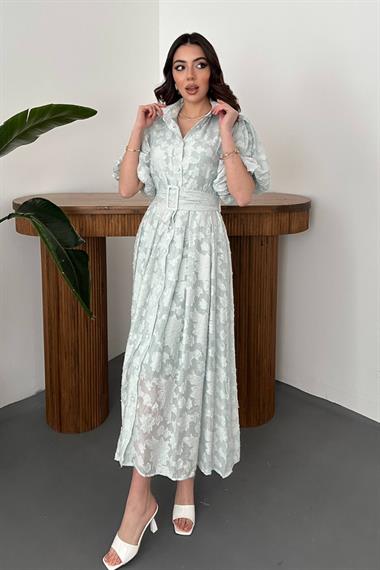 Toptan Mint Kemerli Balon Kollu Elbise