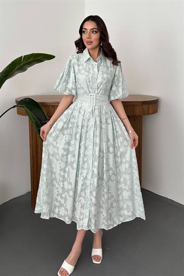 Toptan Mint Kemerli Balon Kollu Elbise