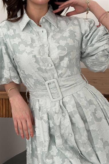 Toptan Mint Kemerli Balon Kollu Elbise