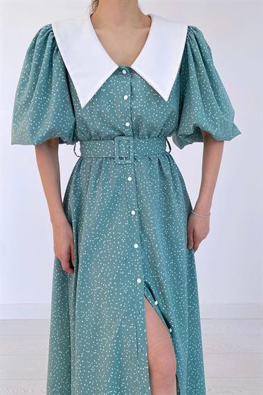 Toptan Mint Kemerli Önlük Yaka Elbise