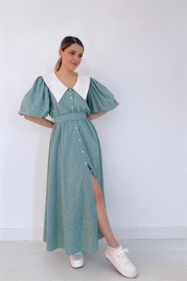 Toptan Mint Kemerli Önlük Yaka Elbise