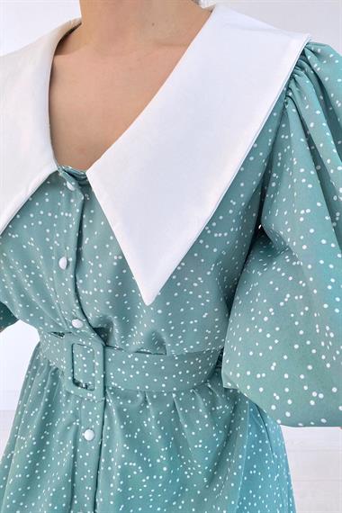 Toptan Mint Kemerli Önlük Yaka Elbise