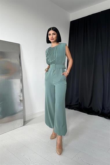 Toptan Mint Kemerli Pileli Tulum