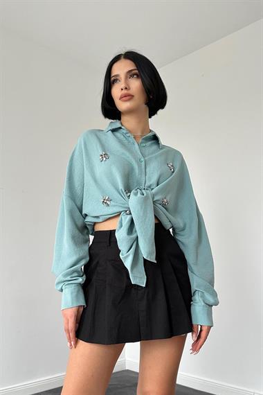 Toptan Mint Klasik Kalıp El İşlemeli Gömlek