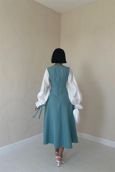 Toptan Mint Kolu Kurdeleli Atlas Elbise