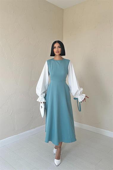 Toptan Mint Kolu Kurdeleli Atlas Elbise