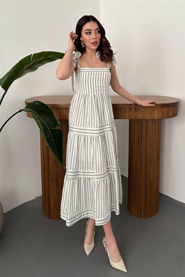 Toptan Mint Omuzdan Bağlamalı Çizgili Elbise