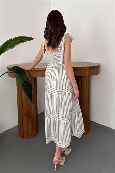 Toptan Mint Omuzdan Bağlamalı Çizgili Elbise