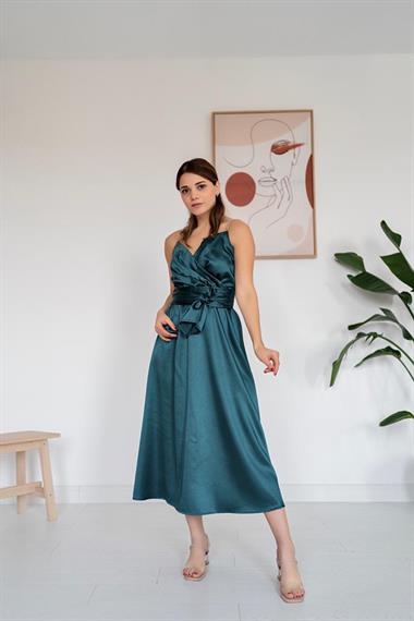 Toptan Mint Taş Askılı Prenses Elbise