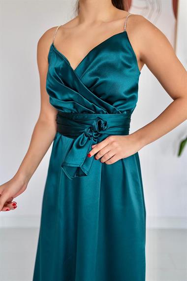 Toptan Mint Taş Askılı Prenses Elbise