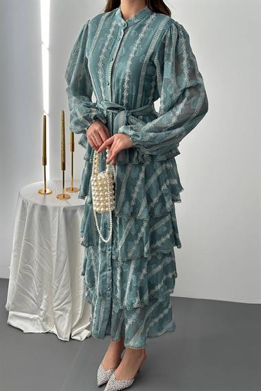 Toptan Mint Uzun Volanlı Elbise