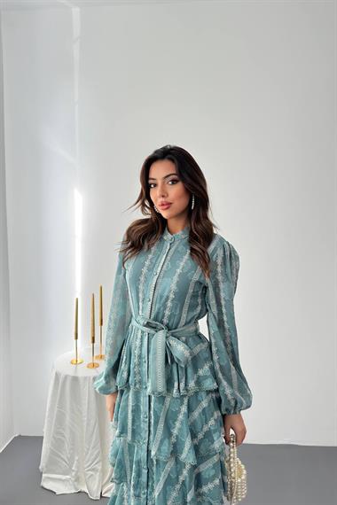 Toptan Mint Uzun Volanlı Elbise