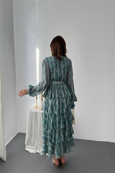 Toptan Mint Uzun Volanlı Elbise