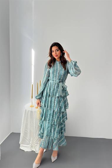 Toptan Mint Uzun Volanlı Elbise