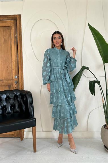 Toptan Mint Valonlu Şeritli Kat Kat Elbise