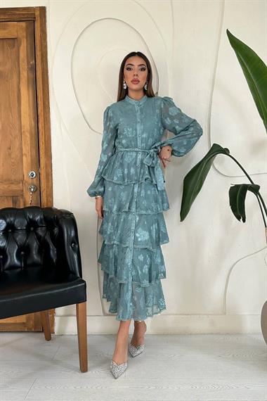 Toptan Mint Valonlu Şeritli Kat Kat Elbise