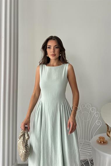 Toptan Mint Yanları Büzgülü Midi Boy Keten Elbise