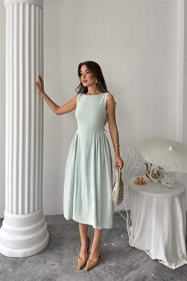 Toptan Mint Yanları Büzgülü Midi Boy Keten Elbise