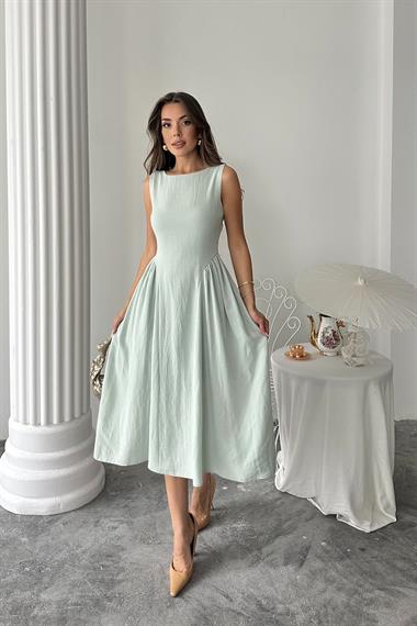 Toptan Mint Yanları Büzgülü Midi Boy Keten Elbise