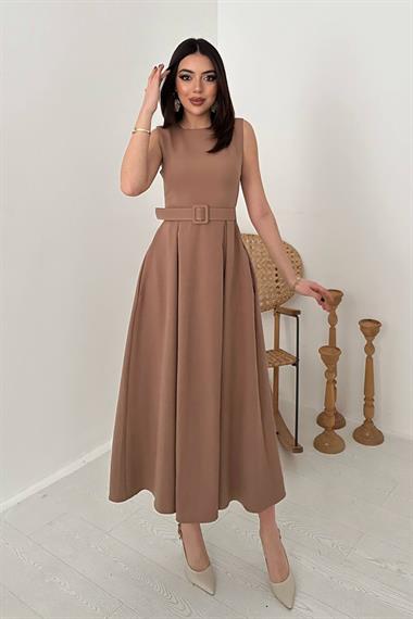 Toptan Mocca Halter Yaka Kloş Elbise