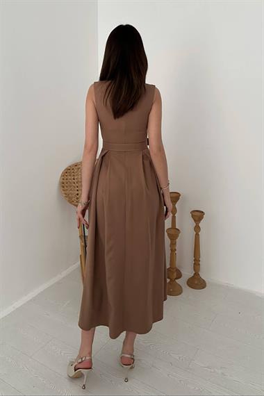 Toptan Mocca Halter Yaka Kloş Elbise