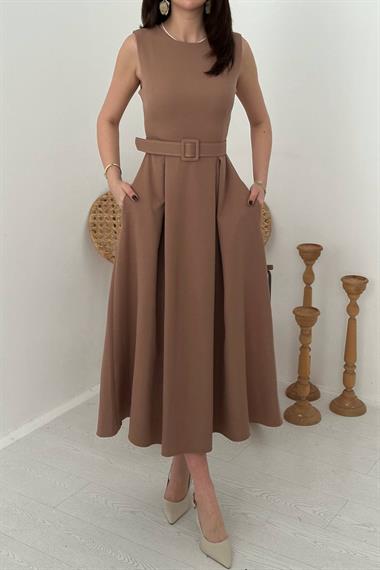 Toptan Mocca Halter Yaka Kloş Elbise