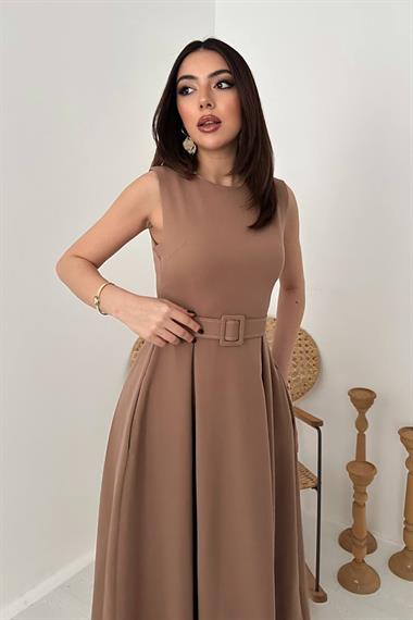 Toptan Mocca Halter Yaka Kloş Elbise