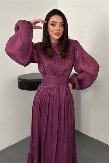 Toptan Mor Bel Büzgülü Elbise