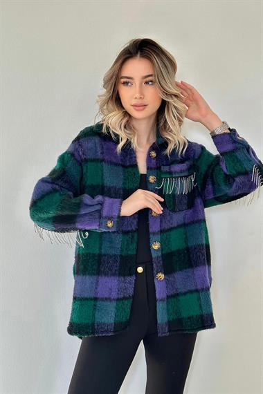 Wholesale Purple Boucle Pocket Chain Stone Shirt