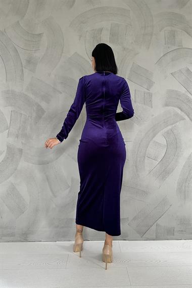 Toptan Mor Kadife Dik Yaka Elbise