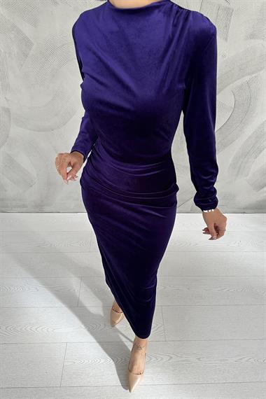 Toptan Mor Kadife Dik Yaka Elbise