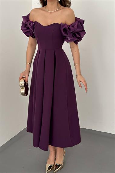 Toptan Mor Kolları Balon Pileli Atlas Elbise