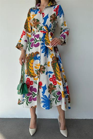 Toptan Mor Kuşaklı Keten Elbise