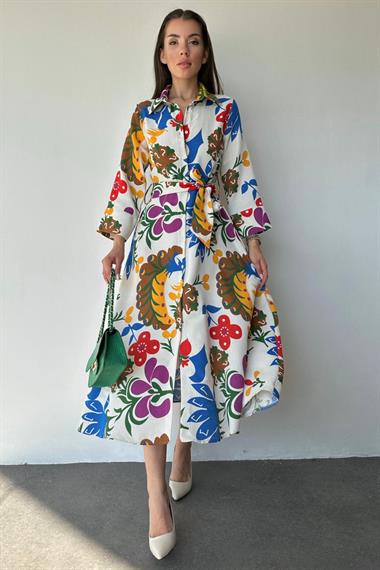 Toptan Mor Kuşaklı Keten Elbise