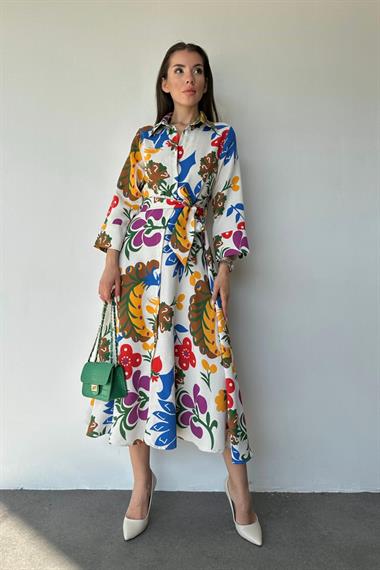 Toptan Mor Kuşaklı Keten Elbise