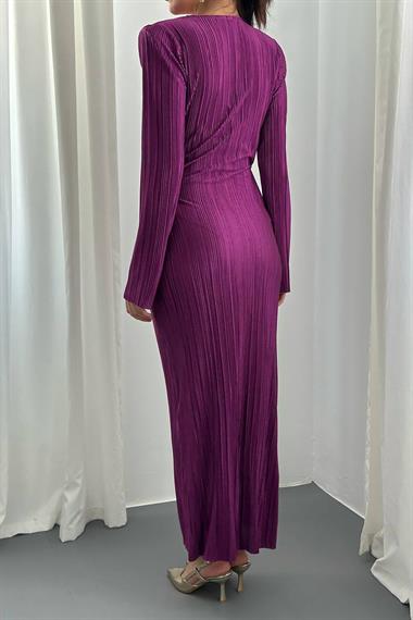 Toptan Mor Piliseli Tokalı Elbise