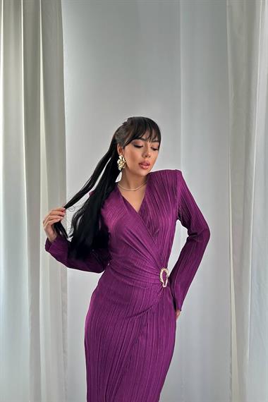 Toptan Mor Piliseli Tokalı Elbise