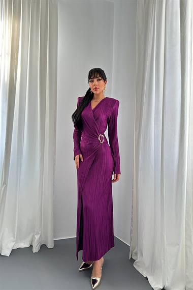 Toptan Mor Piliseli Tokalı Elbise