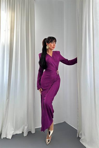 Toptan Mor Piliseli Tokalı Elbise