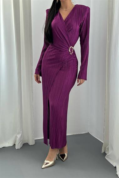 Toptan Mor Piliseli Tokalı Elbise