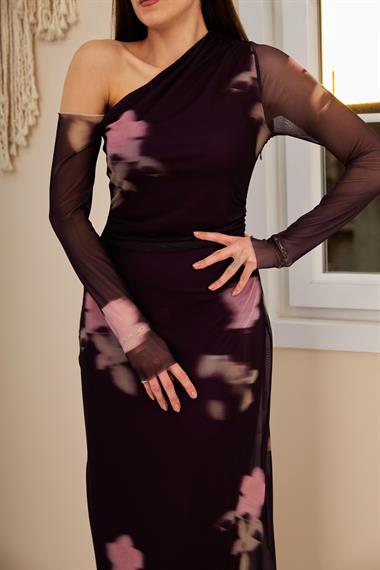 Toptan Mor Tek Omuz Tül Elbise