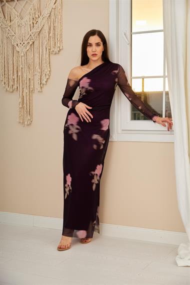 Toptan Mor Tek Omuz Tül Elbise