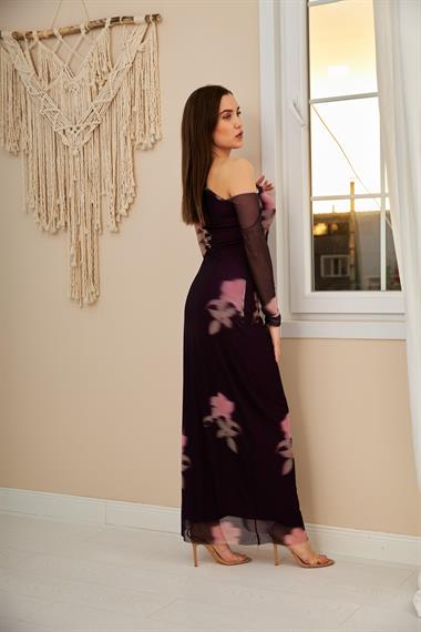 Toptan Mor Tek Omuz Tül Elbise