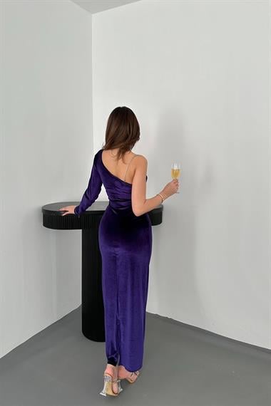 Toptan Mor Tek Omuzlu Taş Askılı Elbise