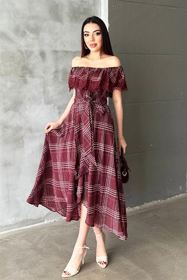 Toptan Mürdüm Ekoseli Dantelli Elbise