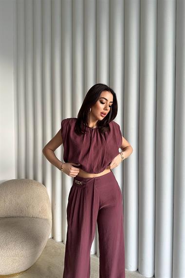 Toptan Mürdüm Modal Bluz Ve Pantolon Takım